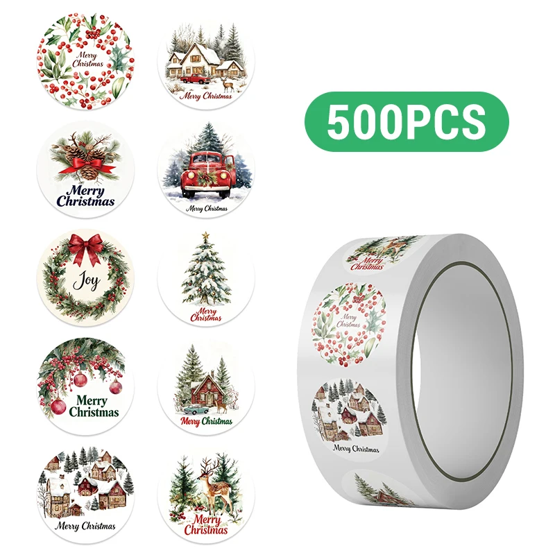 

500PCS Christmas Stickers Roll Merry Christmas Stickers Labels Roll 1.5 Inch 10 Designs Round Christmas Tags Christmas Wreath