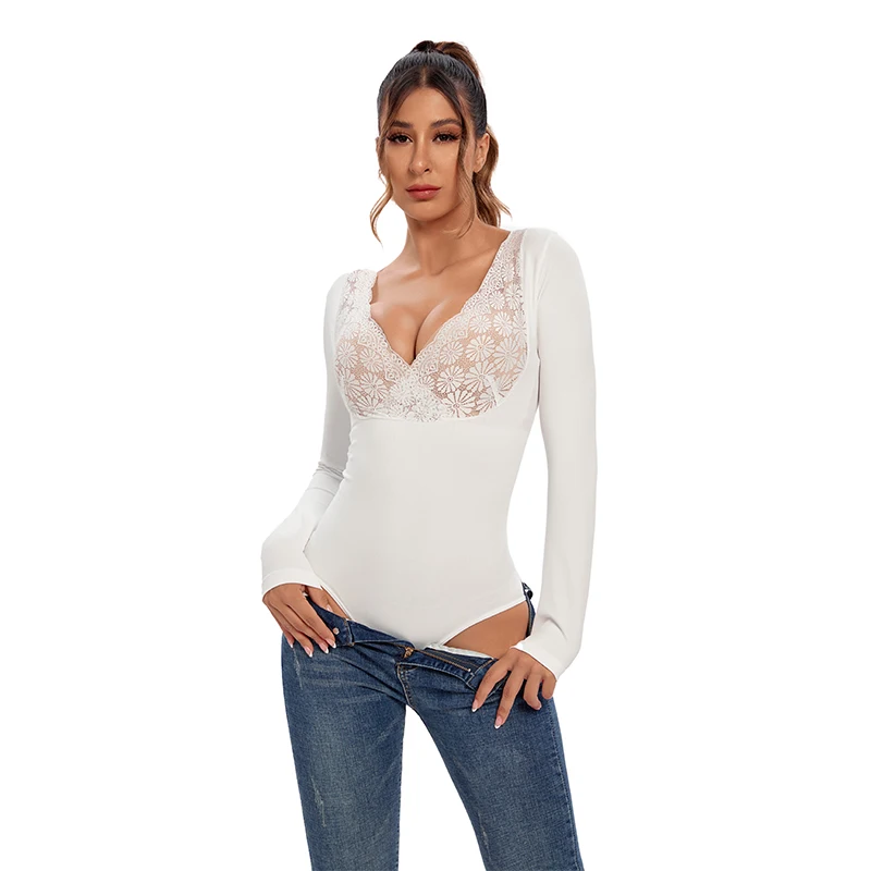 Womens Sexy Lace V Neck Bodysuit Shapewear Autumn Winter Tummy Control Thermal Underwear Flat Belly Warm Full Body Shaper