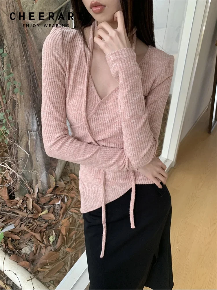 CHEERART Autumn Rib V Neck Long Sleeve Top And Blouse Women Pink Knitwear Ribbon Slim Fit Blouse Casual Top Clothing