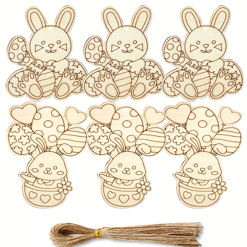 10pcs Wooden Rabbit Pendants Easter Egg Hanging Ornament For Happy Easter Home Party Decoration Kids DIY Painting Gifts Supply