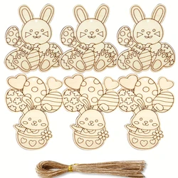 10pcs Wooden Rabbit Pendants Easter Egg Hanging Ornament For Happy Easter Home Party Decoration Kids DIY Painting Gifts Supply