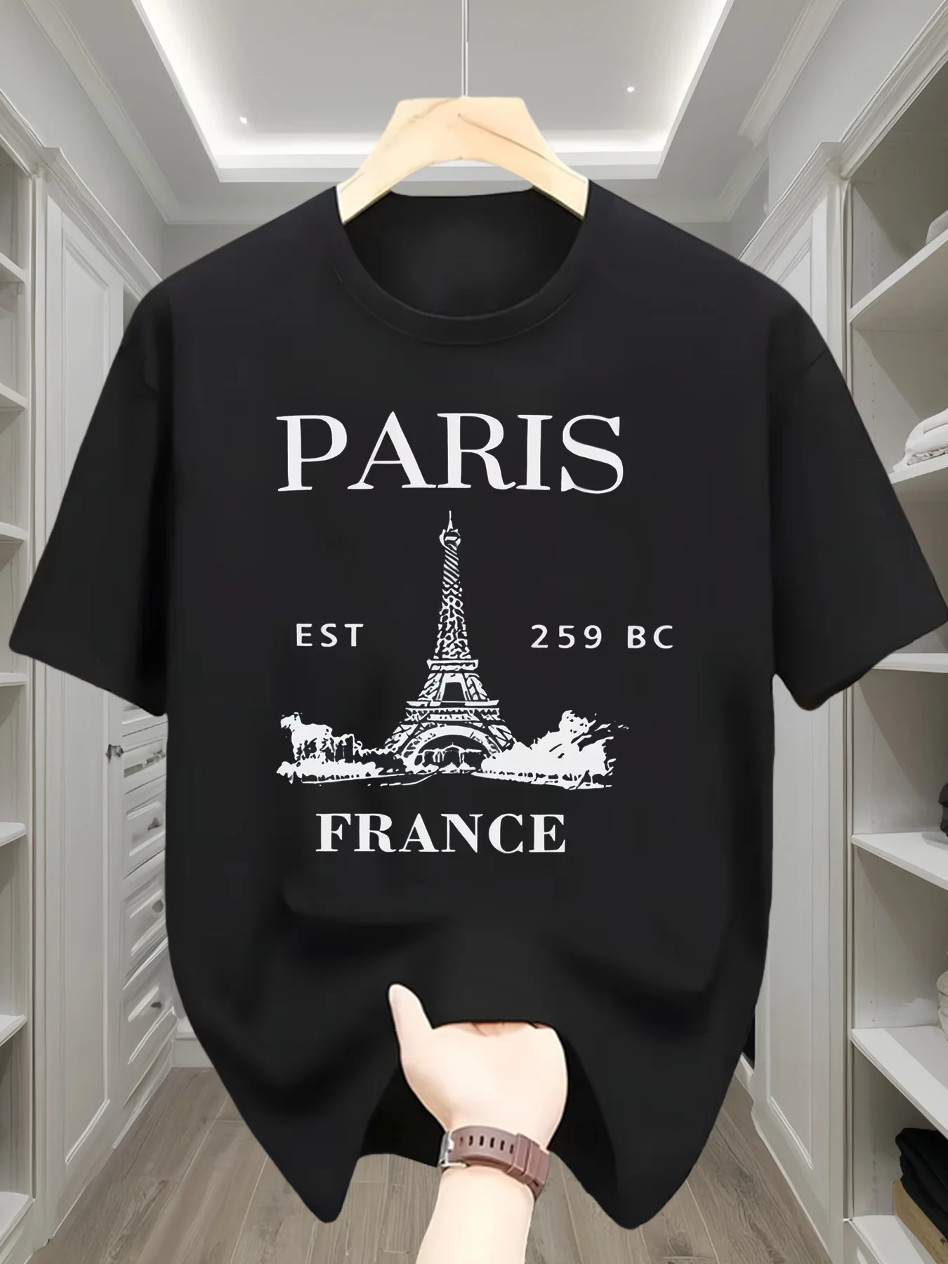 Men's Basic loose Cotton T-shirt Fashionable Paris Eiffel Tower and French Pattern Printed Short Sleeved Round Neck Casual Top