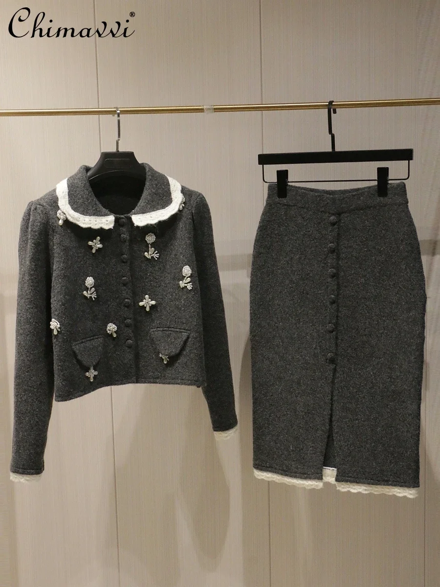 2025 Spring Autumn New Heavy Beads Flower Doll Collar Temperament Sweater Cardigan Split Skirt Set Womens Two-piece Outfits