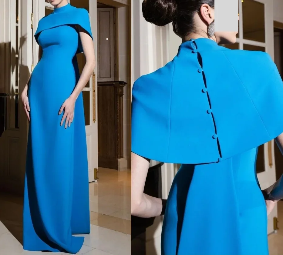 

QR Customized elegant Evening Jersey Draped Button Birthday A-line High Collar Banquet socialite special occasion evening gown