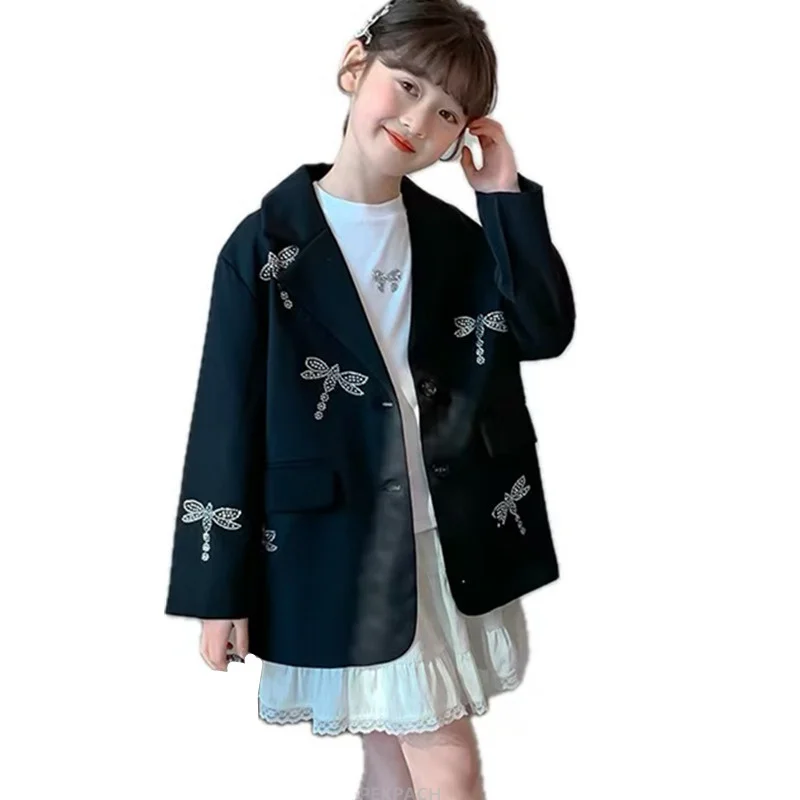 Luxury Kids Blazer Jacket With Dragonfly Crystals For Girls Black Color Formal Party Wedding Coat Clothing For Teenage Child