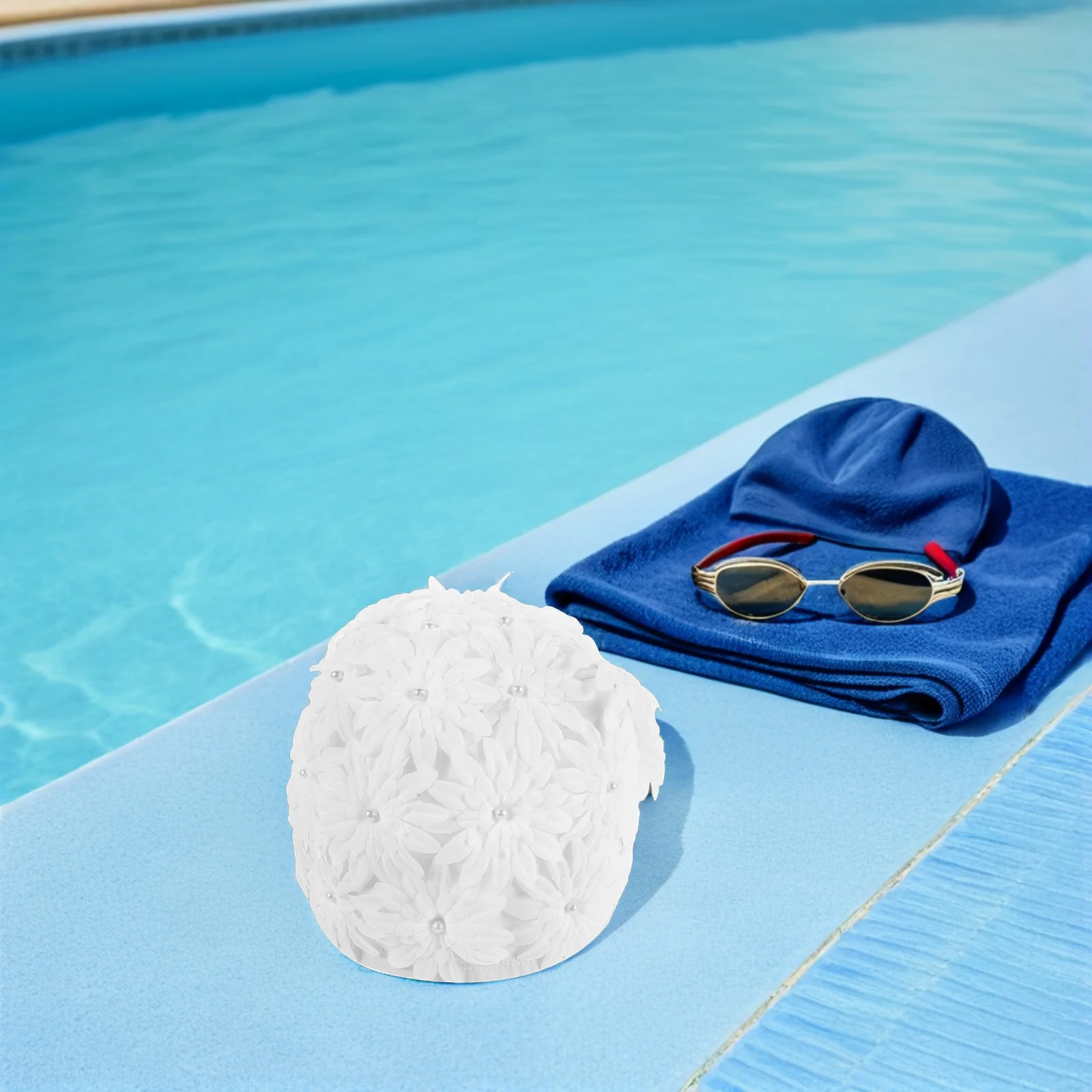 

Vintage Floral Swim Cap White 3D Flowers Waterproof Fabric Stretch Protects Thick Curly Hair Pool Beach Ladies Swimming Hat