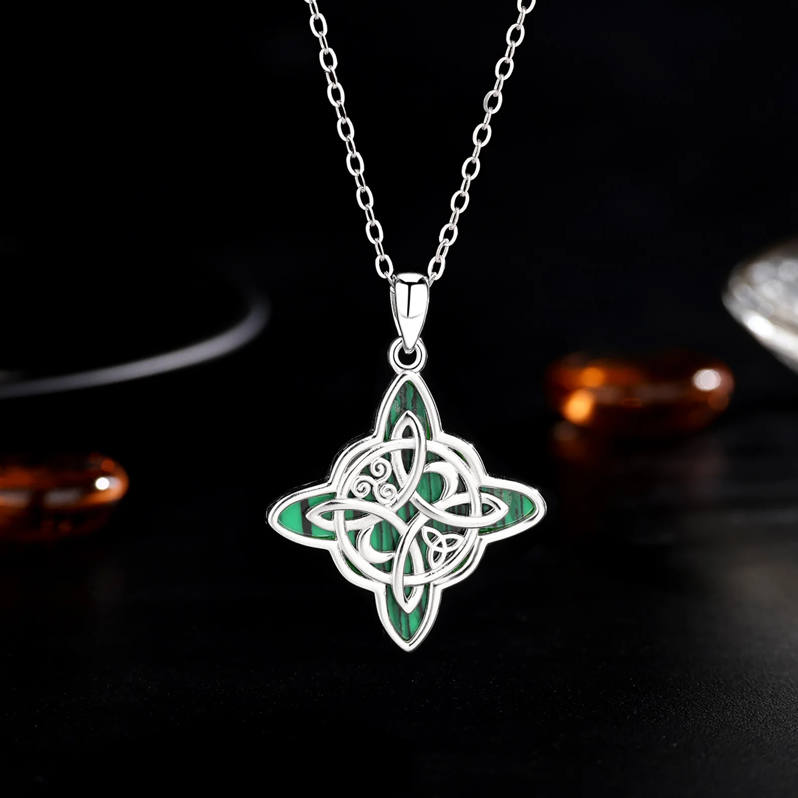AEONSLOVE 925 Sterling Silver Witch Knot Necklace Malachite Celtic Triquetra Pendant Lucky Amulet Spiritual Jewelry for Women