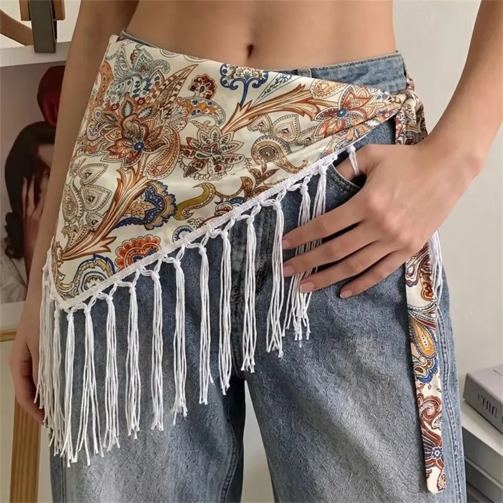 Bohemian Tassel Triangle Waist Band Lightweight Layered Paisley Printed Hip Scarf Adjustable Wrap Decorative Waist Wrap