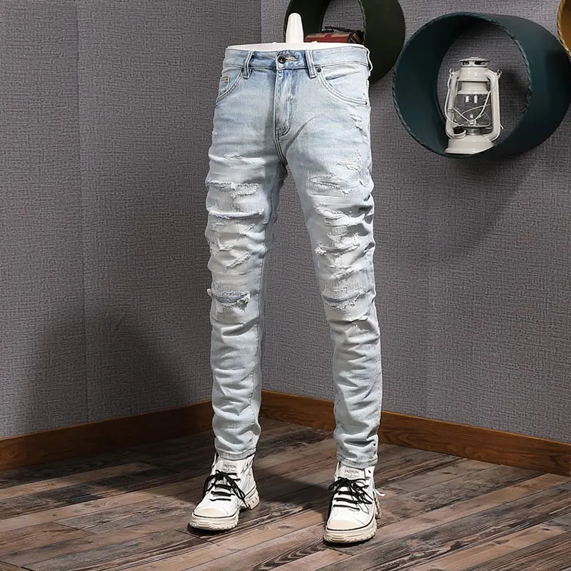 

Street Designer Fashion Men Jeans High Quality Retro Light Blue Stretch Slim Fit Patched Ripped Jeans Men Vintage Denim Pants