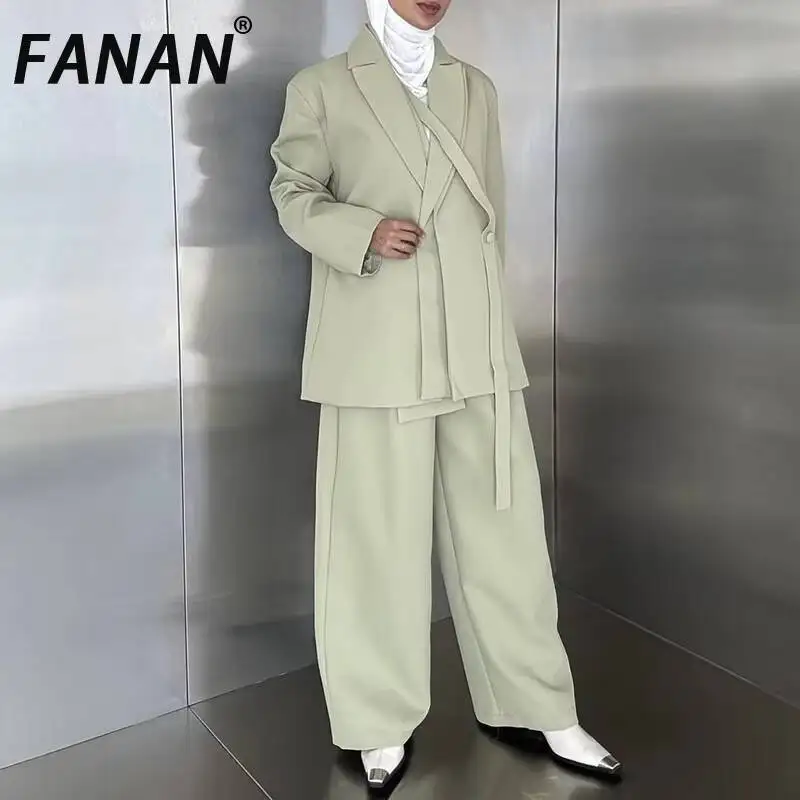 

FANAN Elegant 2 Piece Set Women's Asymmetric Lace-up Design Blazers+high Waist Straight Loose Pant Fashion Suits 2025 Autumn New