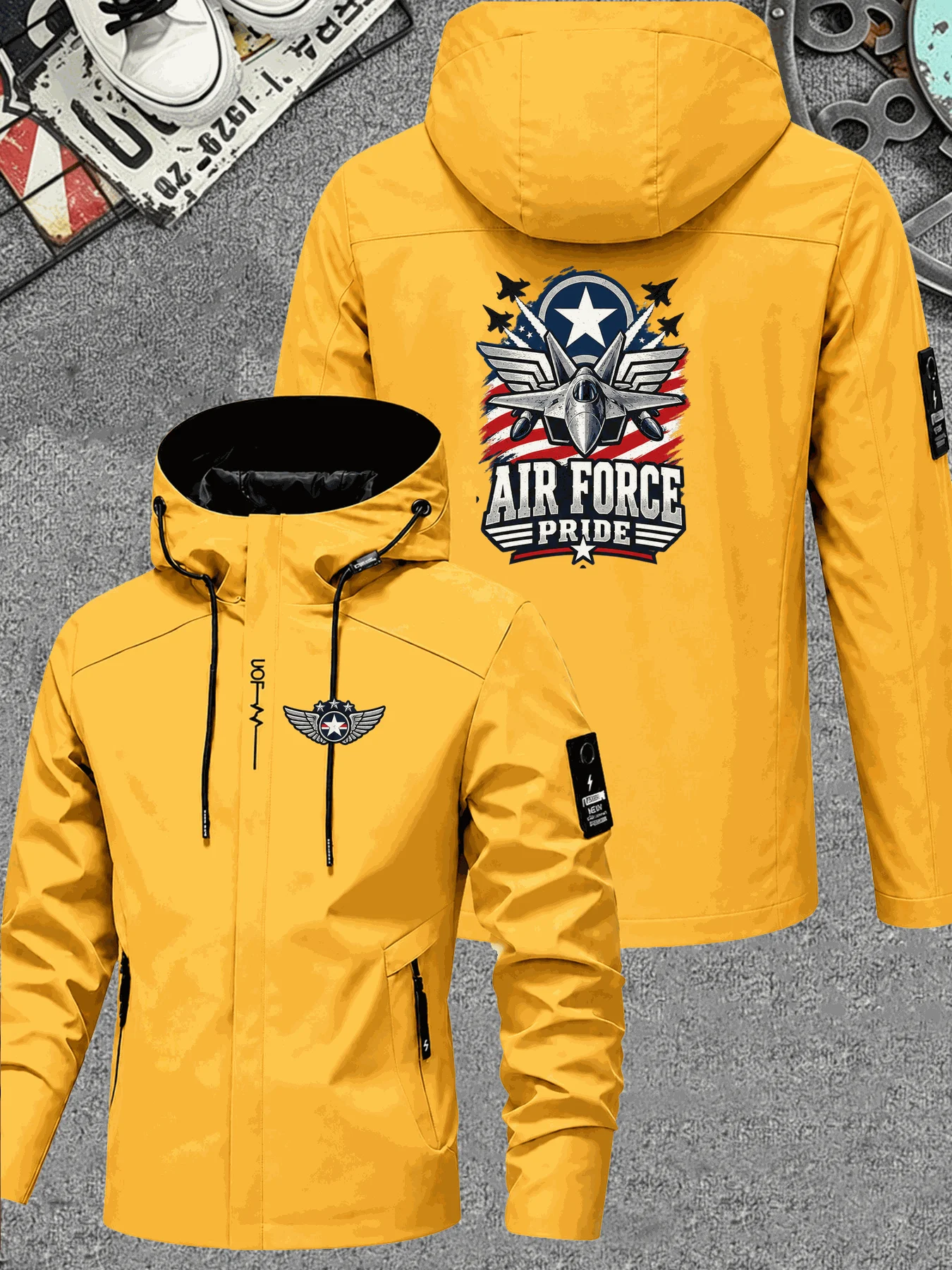 Men Hooded Jacket Air Force Pride Graphic Print Zip Up Windbreaker Casual Streetwear Autumn Coat