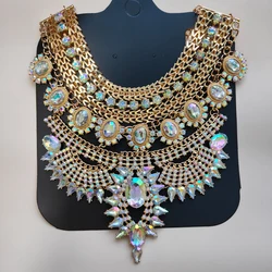 Vintage Statement Jewelry Silver Gold Color Large Chunky Bold Collar Beautiful Sparkly AB Crystal Rhinestone Necklace for Women