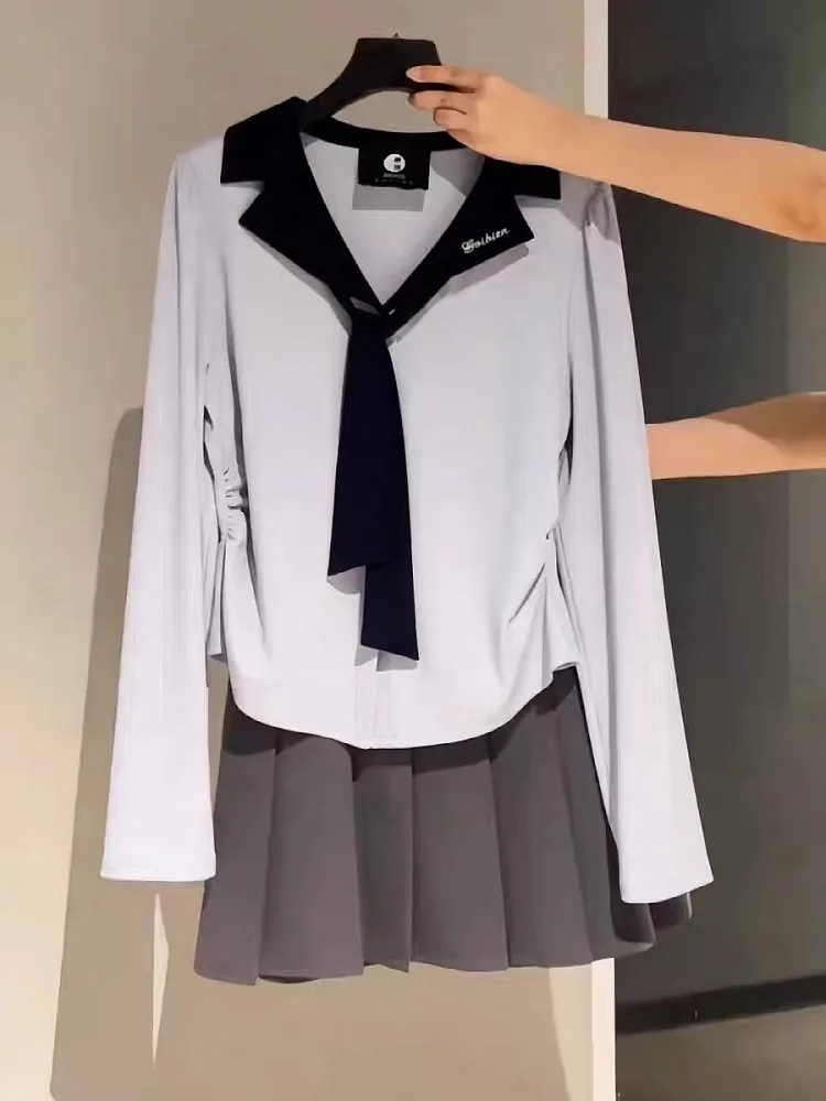 เสื้อยืดผู้หญิงทรงวี แขนยาว ดีไซน์กระชับเอว แฟชั่นฤดูใบไม้ร่วง ไซส์พลัส วัสดุคุณภาพสูง