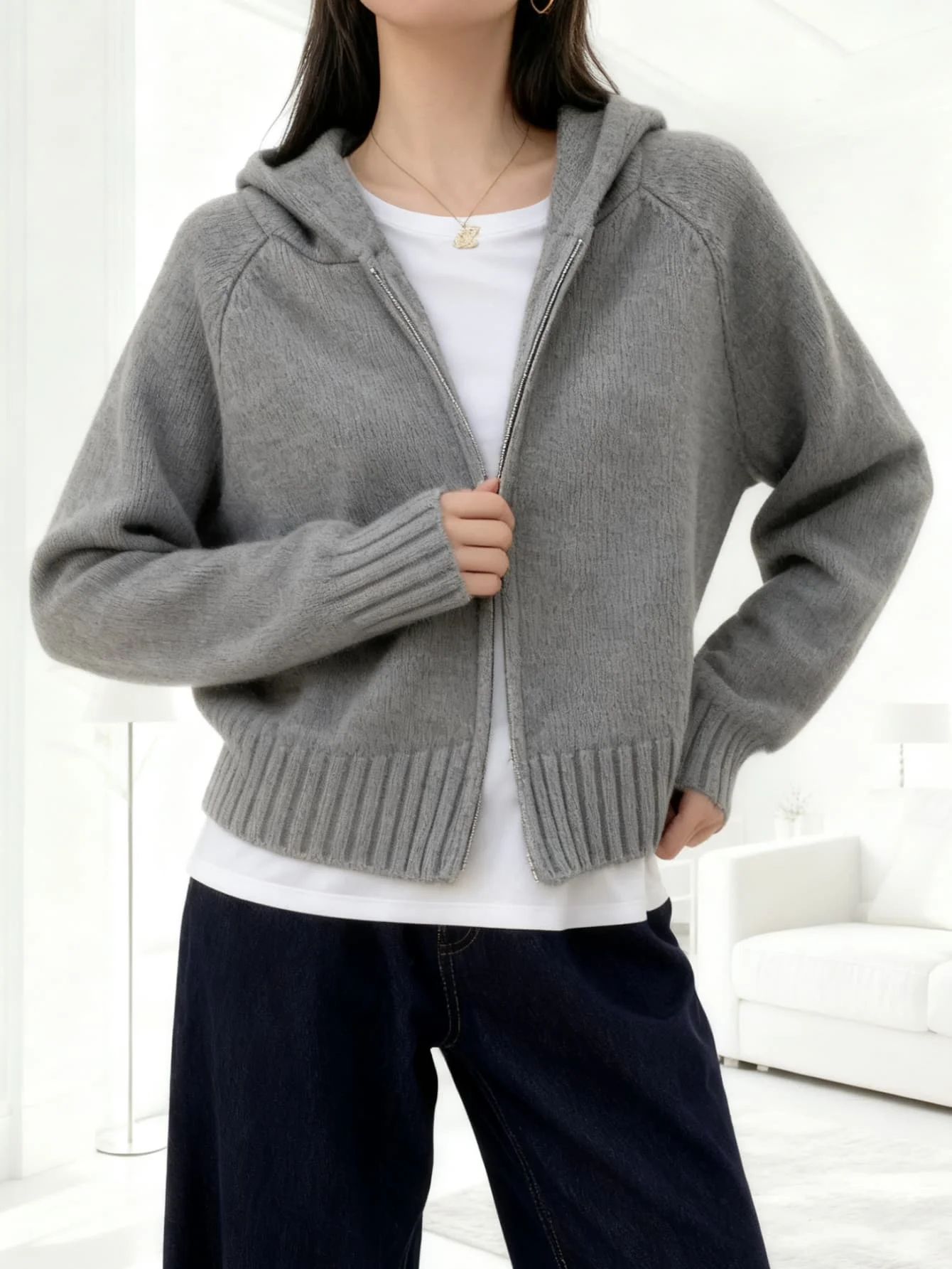 Herbst- und Wintermode, Doppelreißverschluss, Kapuze, Strickjacke, mehrfarbiger Pullover mit Taschen, langärmeliger Damenpullover