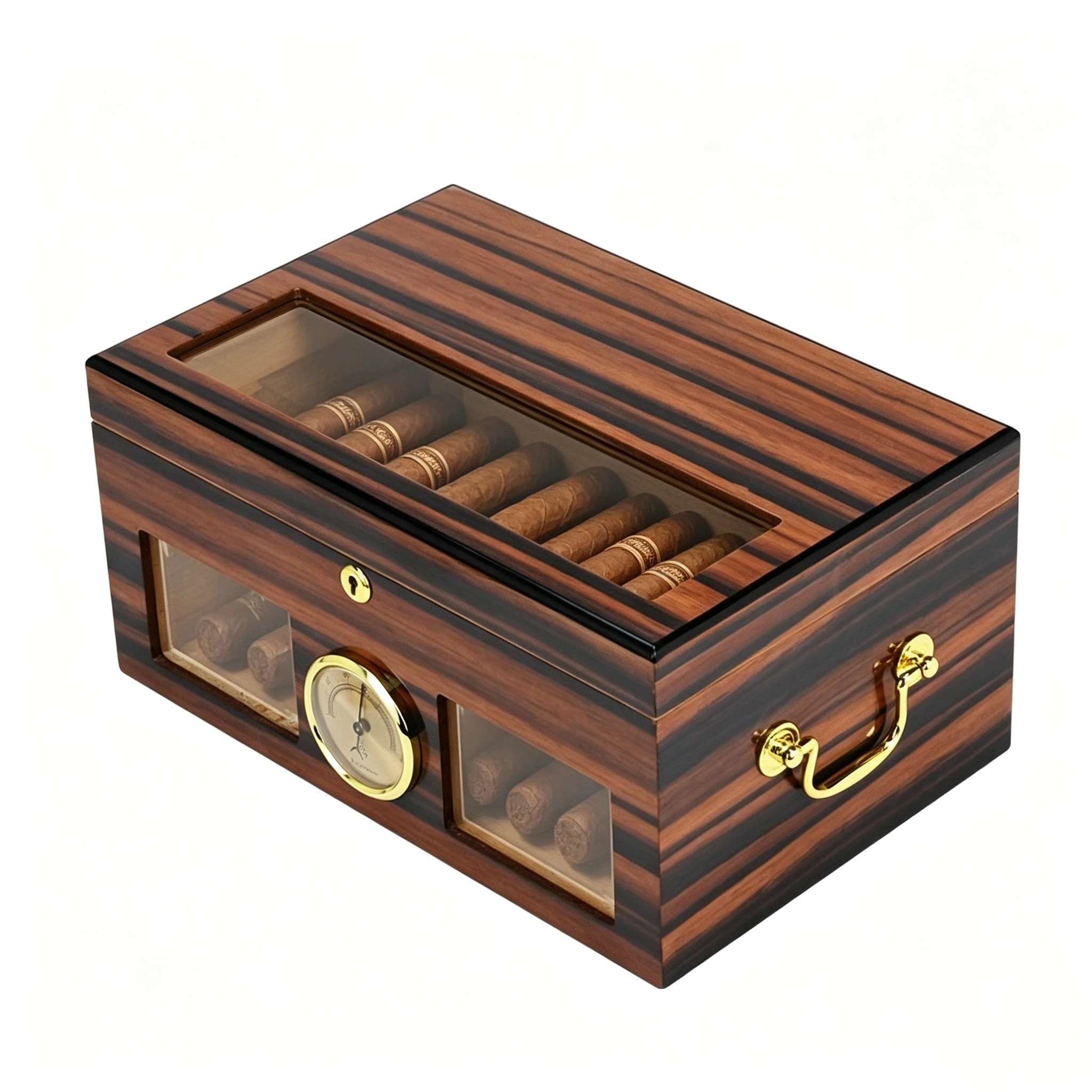 

Glass Transparent Top Cigar Box, Snow Large Capacity Pine Humidified Ebony Wood Grain Cigar Box.