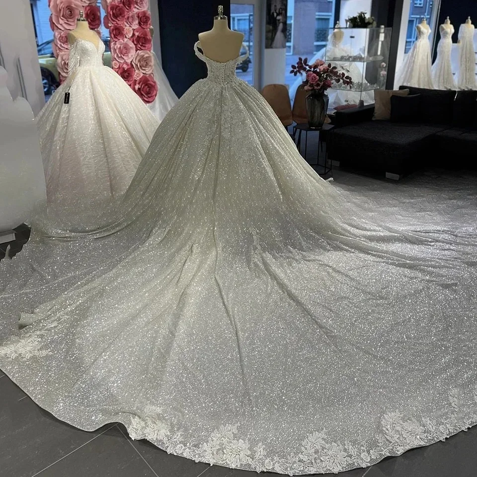 Customized V-Neck Shiny Off The Shoulder Appliques Wedding Dress 2Ball Gown Floor Length Sweep Train Lace Up Bridal Gown