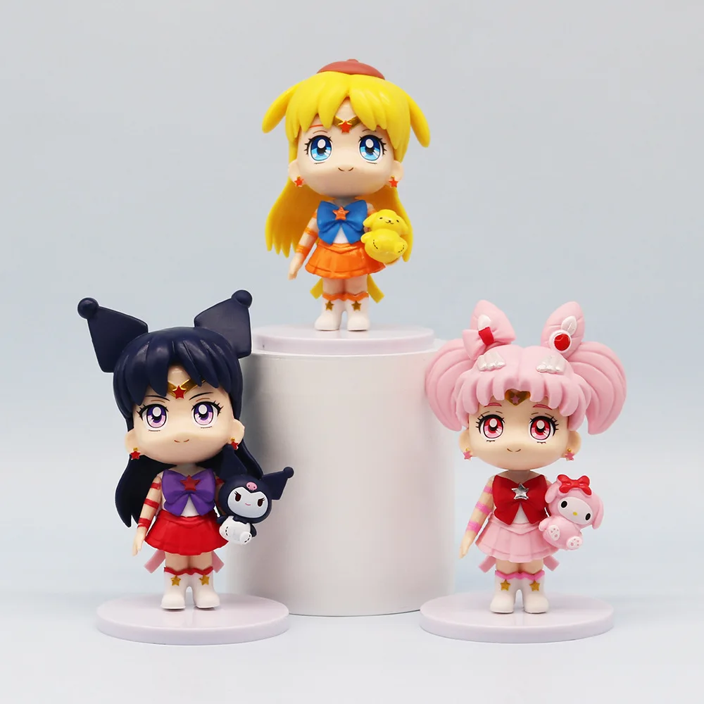 Bonito Sailor Moon Action Figure PVC, Sanrio Olá Kitty, Kuromi Melody, Creative GK Modelo Brinquedos, carro e ornamento Desktop, 6pcs por conjunto