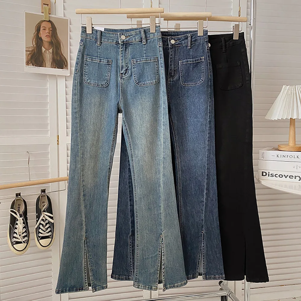 

Fashion High Waist Split Flared Trousers for Women Spring Autumn Vintage All-match Female Denim Pants Korean Style Ladies Jeans