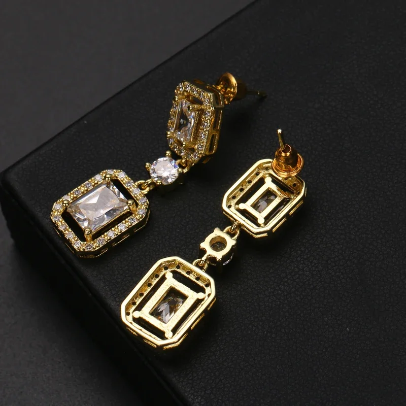 Luxury Square Cubic Zircon Korean Long Earrings Elegant Wedding Earrings for Women Bridal Jewelry Dress