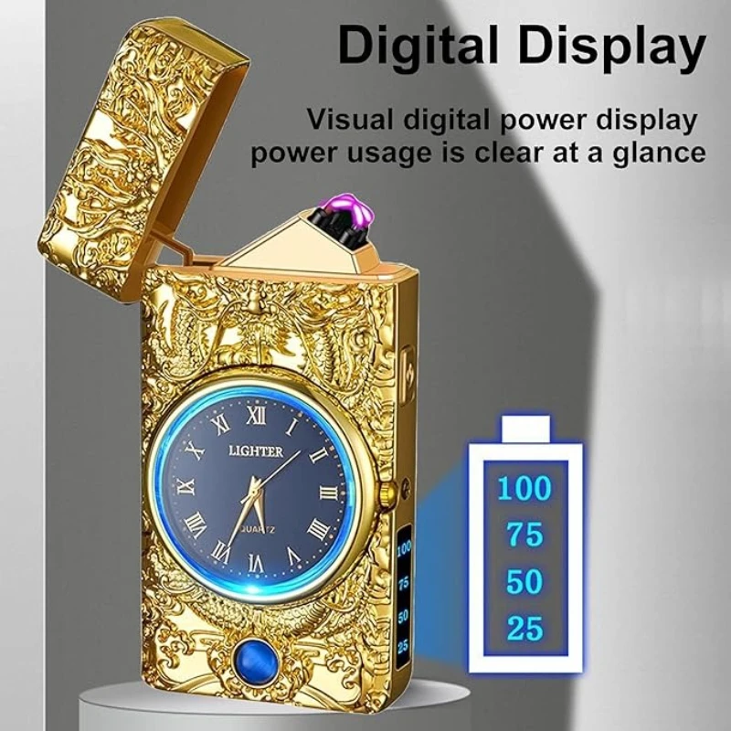 Portable Metal Clock Dual Arc Lighter: LED Display, USB Rechargeable Flameless, with Outdoor Camping Flashlight, Perfect Gifts