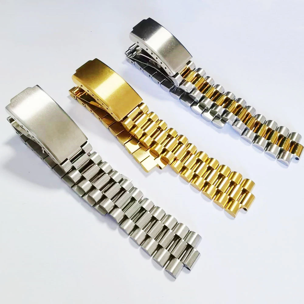 Gold Silver Stainless Steel President Curved End18mm 20mm 21mm Watch Strap Band Bracelet Fit For ROX SKX Watch