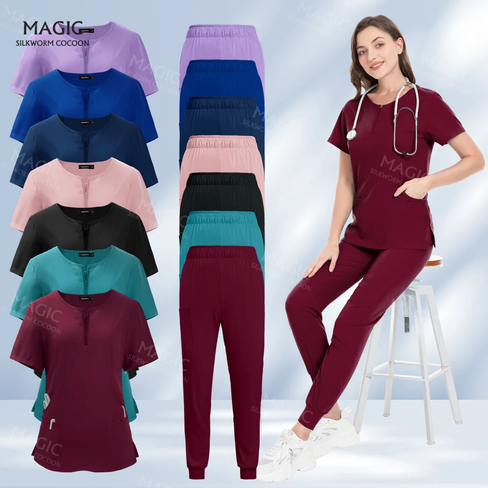 Elasticity Scrub Set Women Short Sleeved Nurse Uniform V-neck Tops+jogger Pant Suit Nursing Work Clothes Suit Pet Clinic Uniform