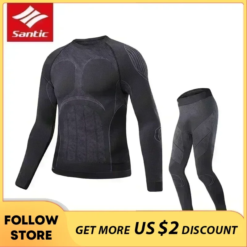 Santic Cycling Men\'s Thermal Underwear Suit Winter Seamless Keep Warm Riding Clothing Sports Running Long Sleeve Suit Asian Size