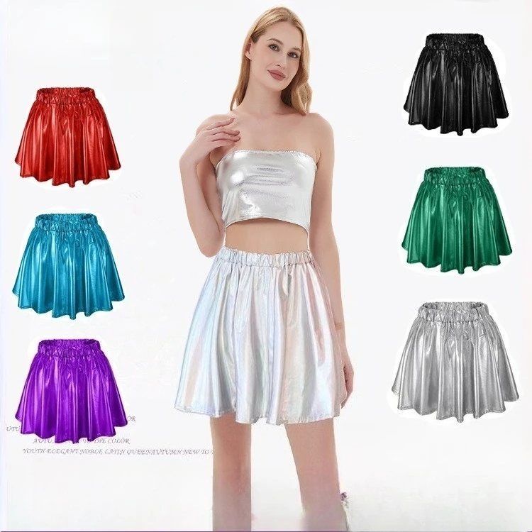 

Металлические мини-юбки в стиле рок для девочек, короткие сексуальные плиссированные юбки с высокой талией, женские однотонные повседневные серебряные, золотые мини-лазерные женские вечерние клубные юбки
