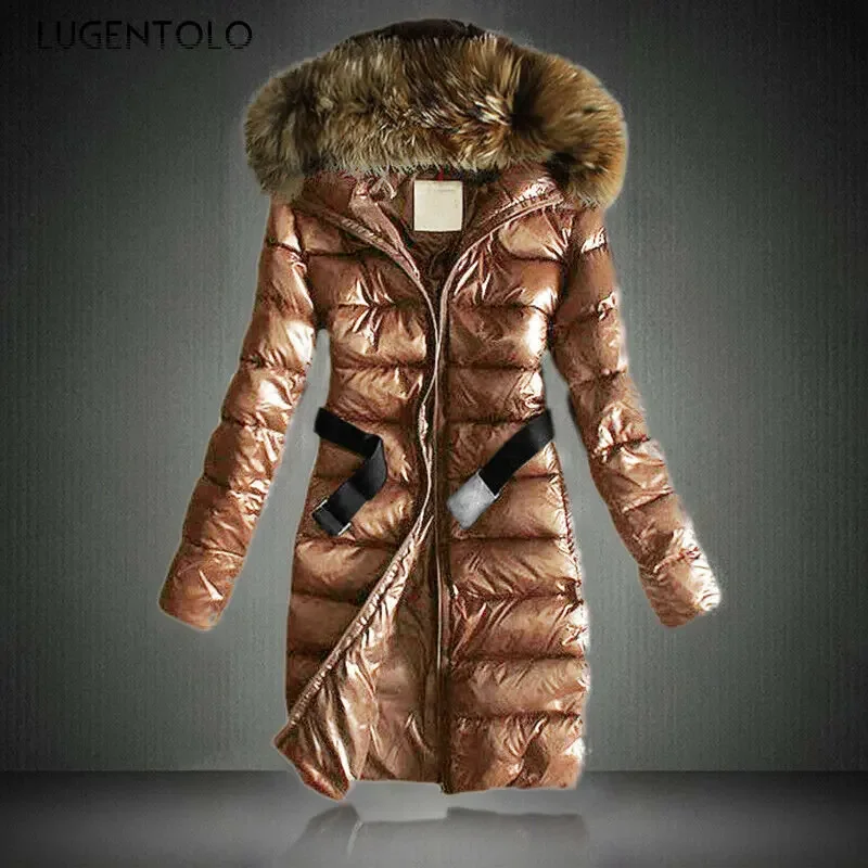 

Hooded Parkas Women Fur Collar Zipper Winter Warm Solid Coat Female Casual Loose Black Belt Fashion Parka Lugentolo