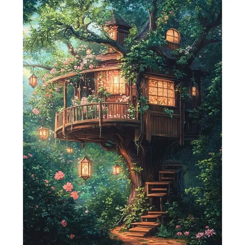 Malen nach Zahlen, Baumhaus im Wald, Malbuch für Erwachsene, Zeichnen auf Leinwand, Geschenke, DIY-Set, Acrylfarben, Heimdekoration