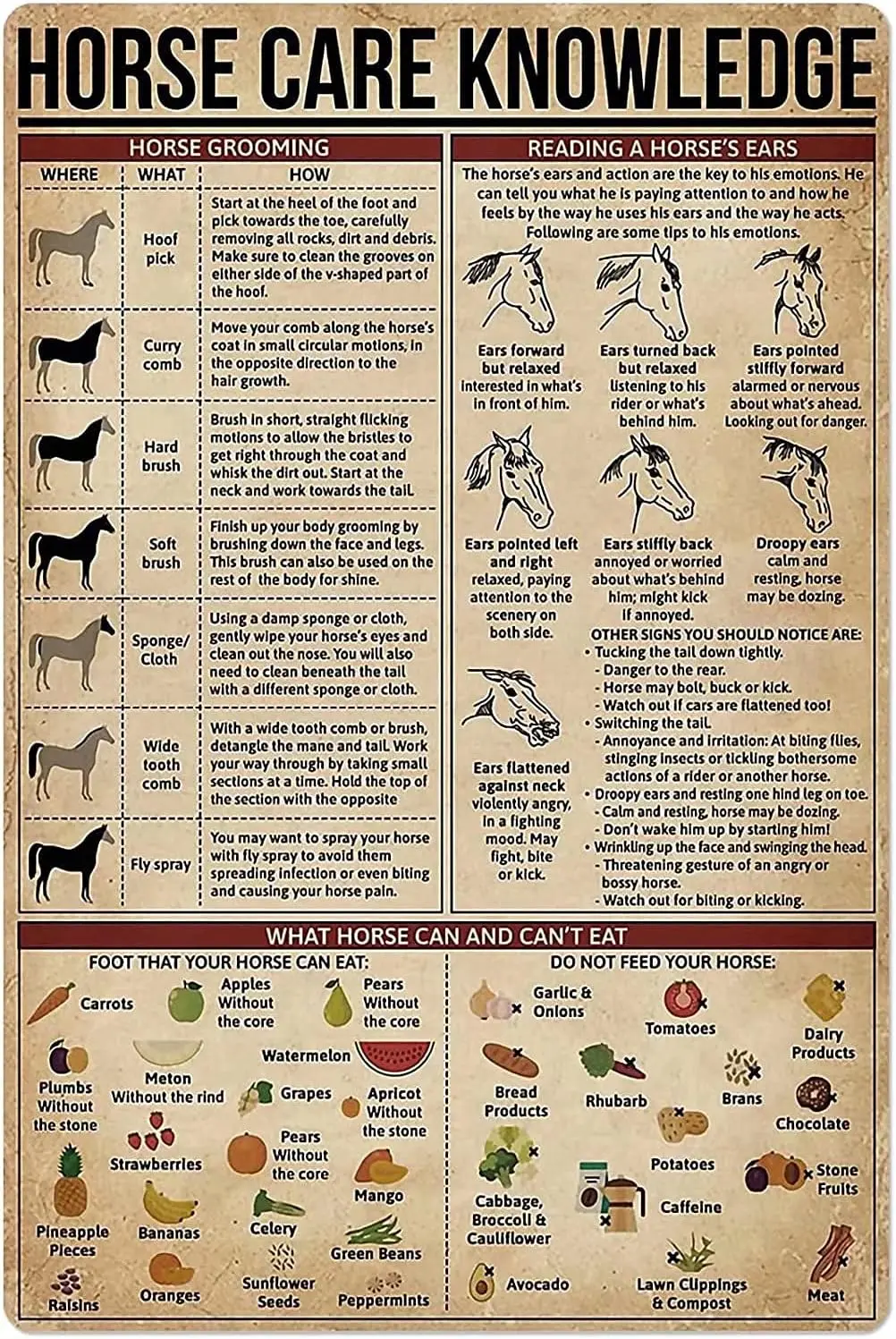 Horse Care Knowledge Metal Tin Sign,What Can And CanT Eat,Suitable For Home Garage Bar Sign Cafe Farm Country Kitchen Retr