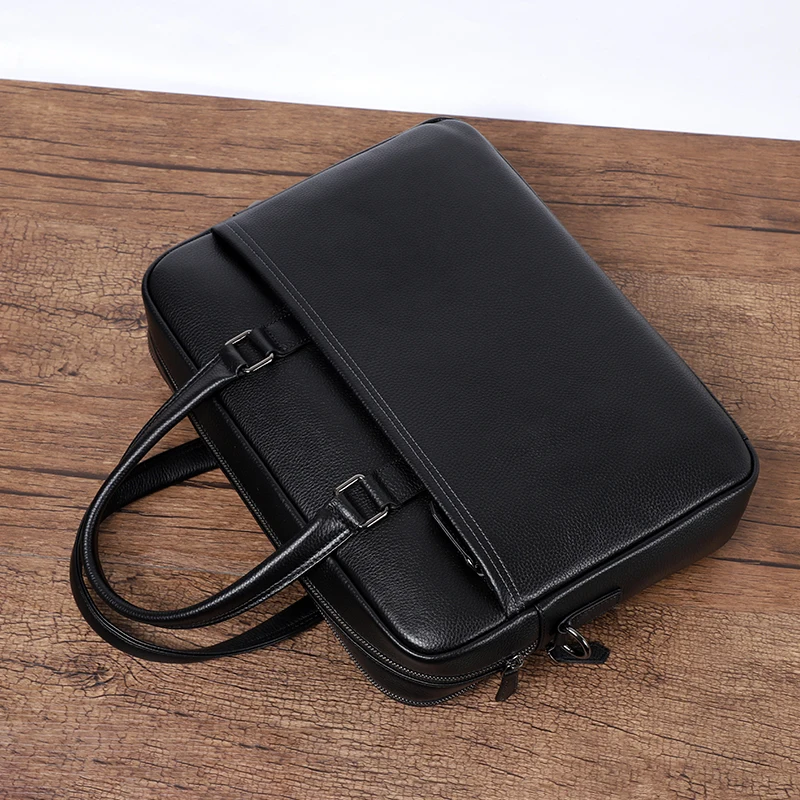 Double Zipper Men Bags Genuine Leather Men Briefcase Bag Business Leather Laptop Bag Shoulder Fashion Office Male Handbag Large