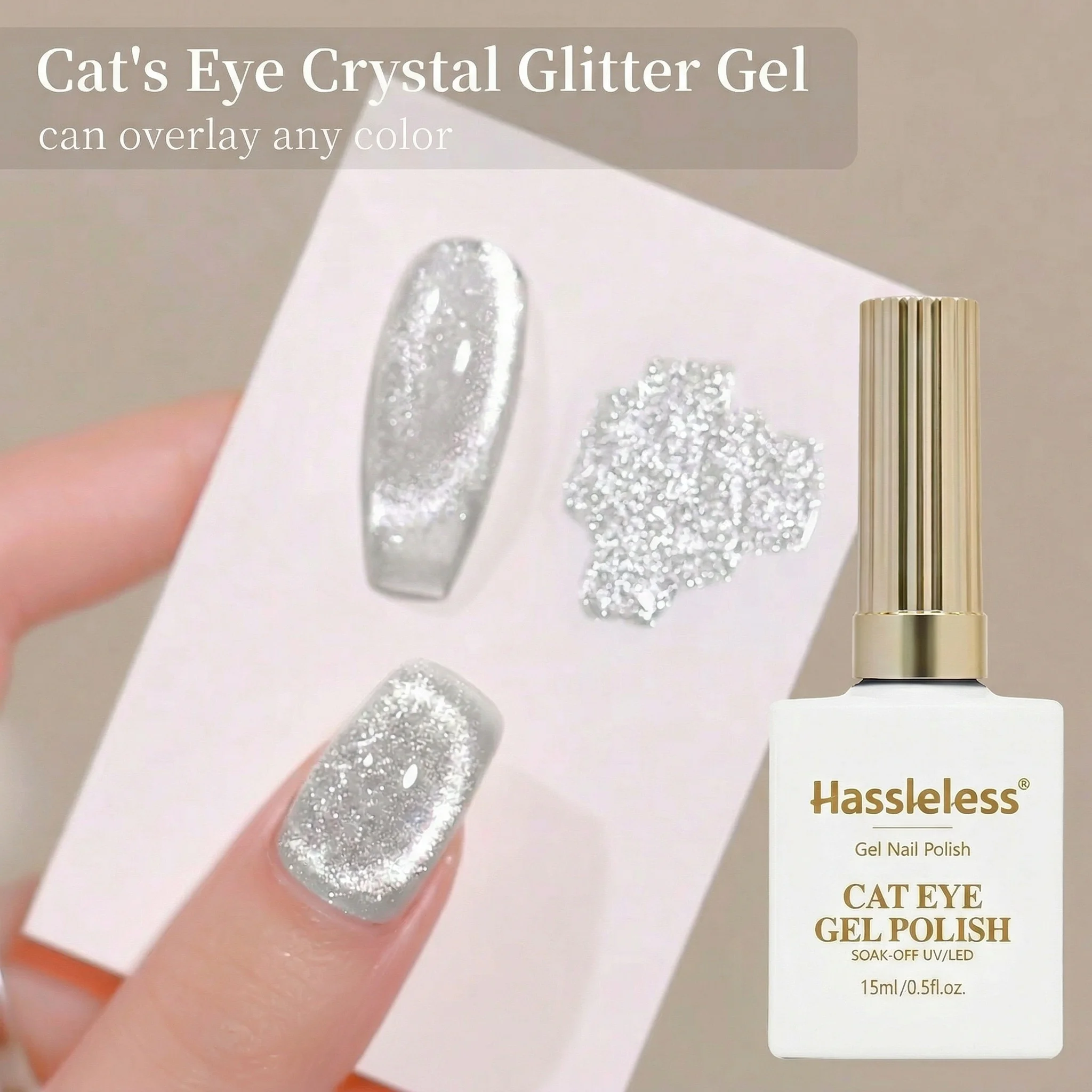 Hassleless 15ml Silver Cat-Eye Gel Polish. Long-Lasting Shine; Creates a Magnetic Nail Art Effect. Requires Curing Under a UV/LE