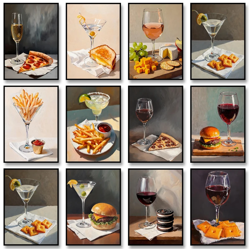 Affiche d'art moderne et originale sur le thème de la nature morte : Vin rouge, pizza, craquelins – Impression artistique murale sur le thème de la nourriture pour la cuisine et la décoration intérieure