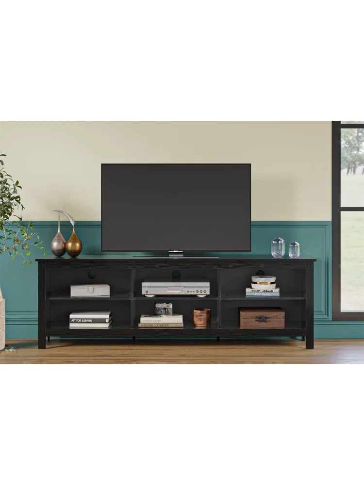 حامل تلفزيون 6 حجرة حوامل تلفزيون خزانة 6 تخزين وسائط مفتوحة لأجهزة التلفاز حتى 80 بوصة، (70 بوصة أسود)