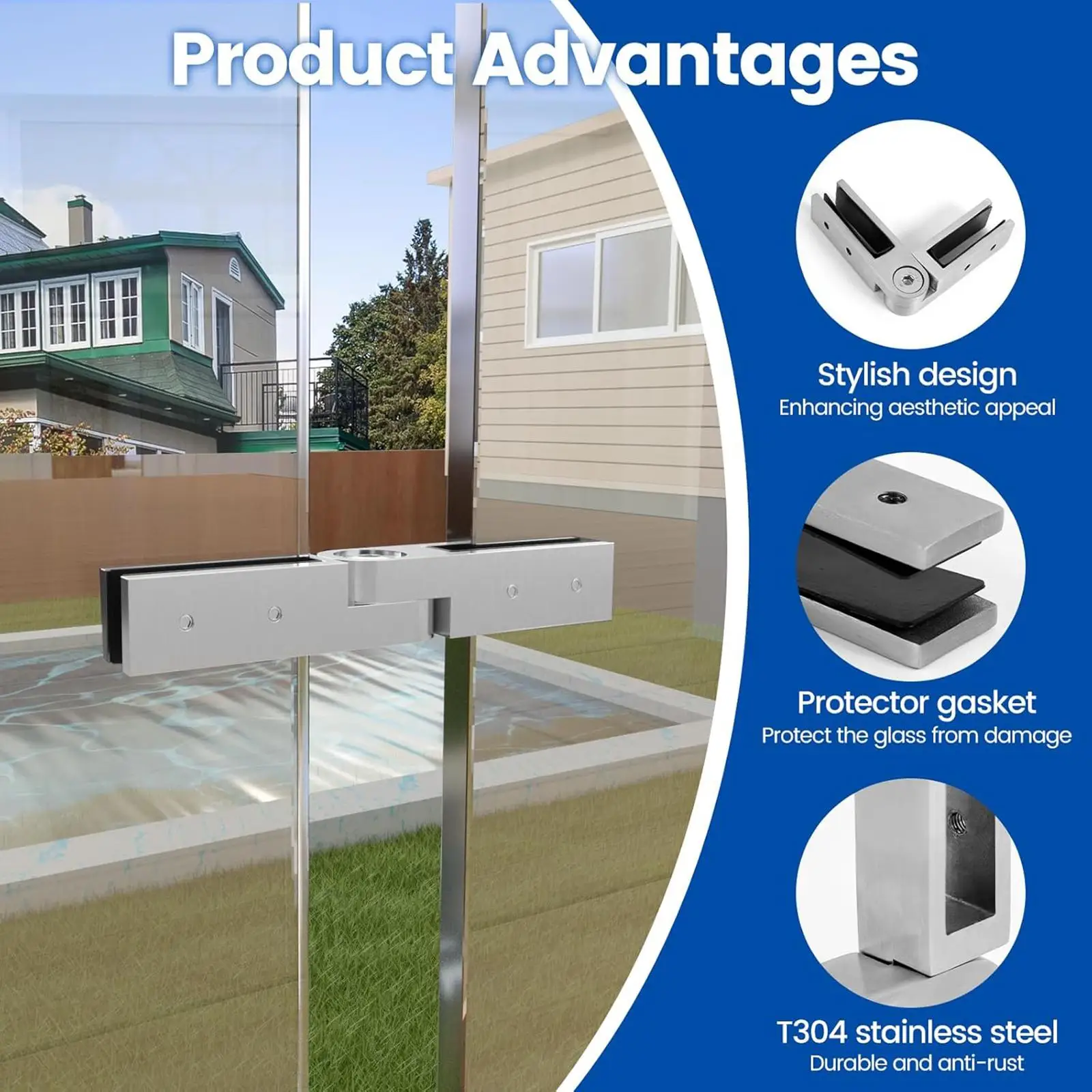 Glass Door Hinge 180 Degrees Adjustable Glass to Glass Clamp for Balustrade Balcony Deck Fence