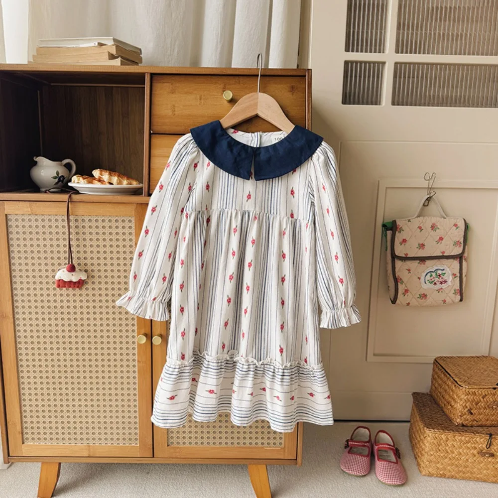 Bear Leader Autumn Children's Clothing Korean Version Striped Flower Lapel Girl Dress Spring Long Sleeved Kids Dresses for Girls