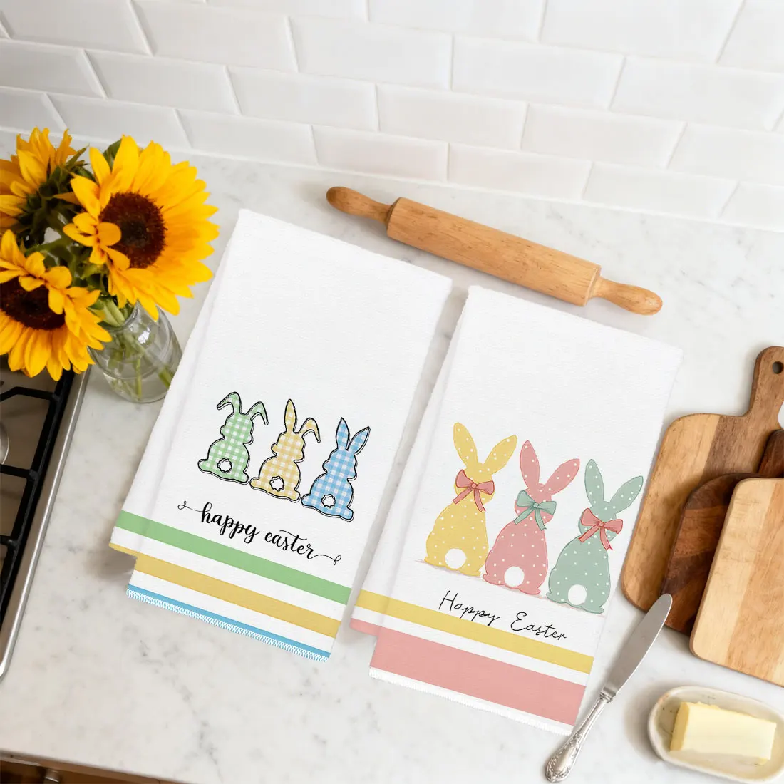 2pcs 40x60cm Easter Day DishCloth Tea Towel Kitchen Dishcloth , Rabbit Tulip Eggs Color Grids  Lover Pattern for Easter Decor