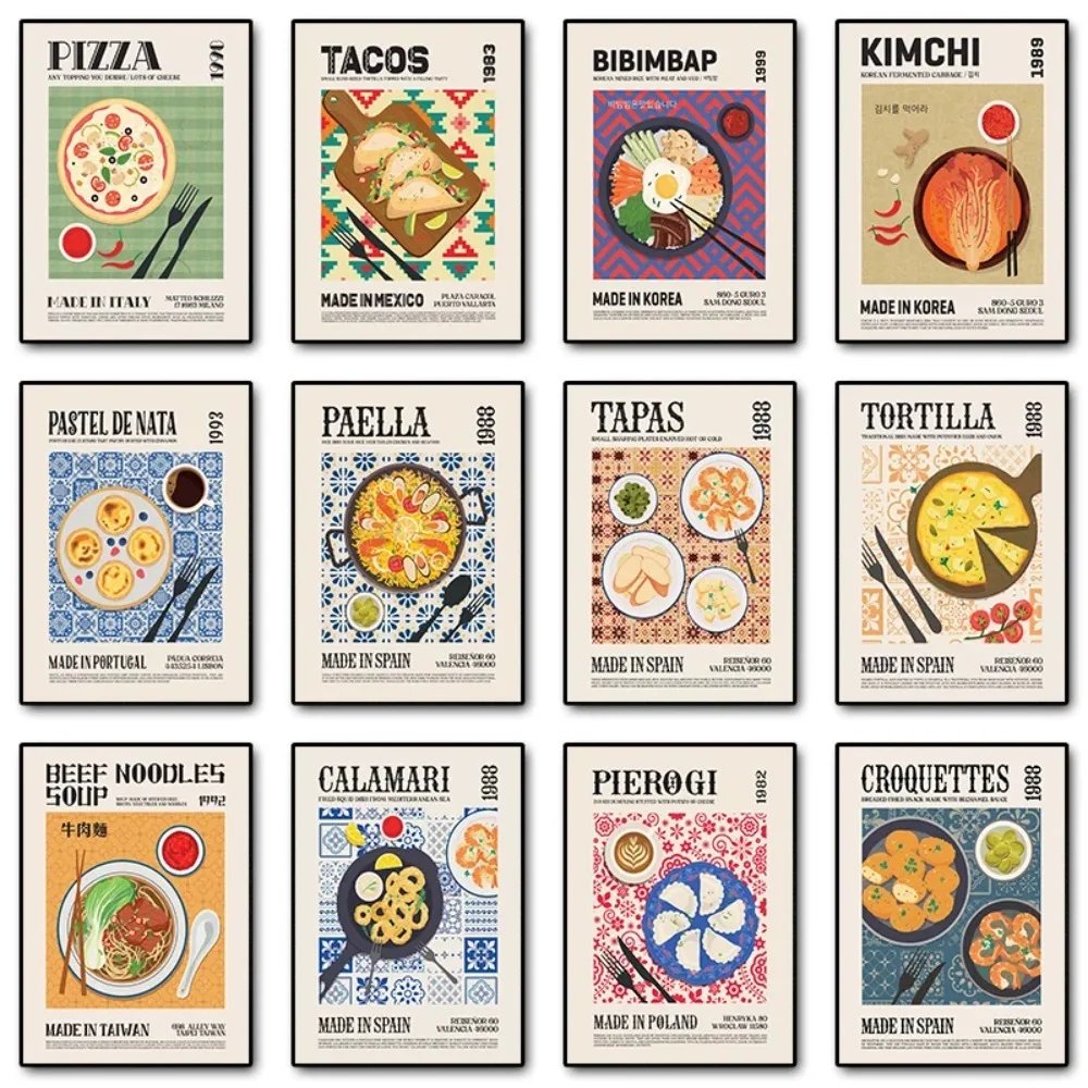 Ramen Food Traditional Asian Dumplings Noodle Soup Italian Pizza Mexican Food Tacos Sushi Bar Food Print Posters Kitchen Decor