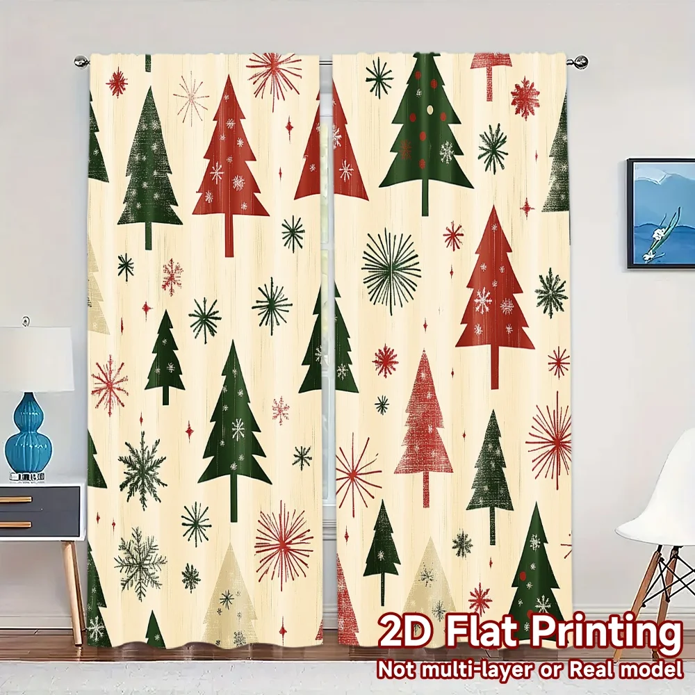 2pcs,Curtains Christmas Trees Snowflakes Holiday (2) Print Modern Curtains 100% Polyester Curtains Gifts Ldeal for Kitchen,