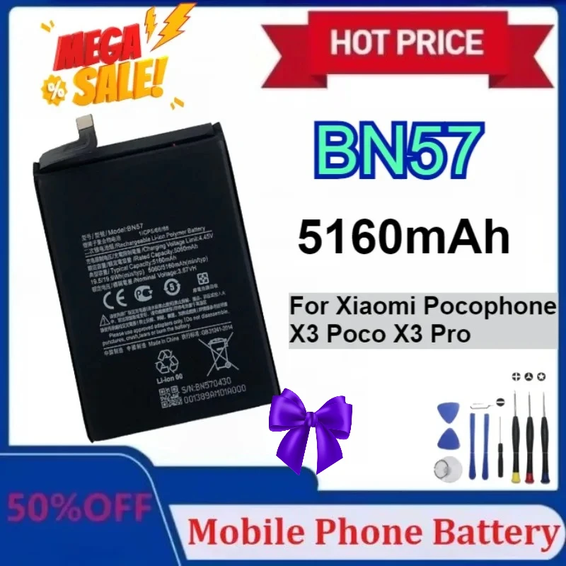 

Новый аккумулятор BN57 для телефона Xiaomi Pocophone X3 Poco NFC X3 Pro, сменный аккумулятор для мобильного телефона с набором инструментов