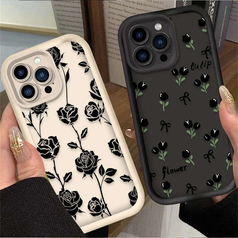 Black Flower Phone Case for iPhone 14 15 Pro Max 13 12 11 X XS XR 7 8 Plus SE 2020 Soft Liquid Silicone Shockproof Cover Funda