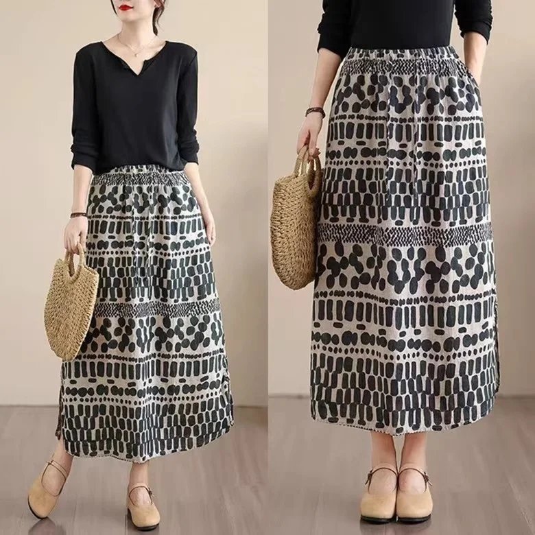 

2025 Spring And Autumn Retro Skirt New Retro Leisure Versatile Sand Washed High Definition Digital Printed Skirt Thickened w714