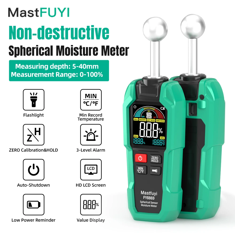 

MASTFUYI Digital Wood Moisture Meter Non-destructive Spherical Hygrometer Record Humidity Auto Detect Timber Damp Detector