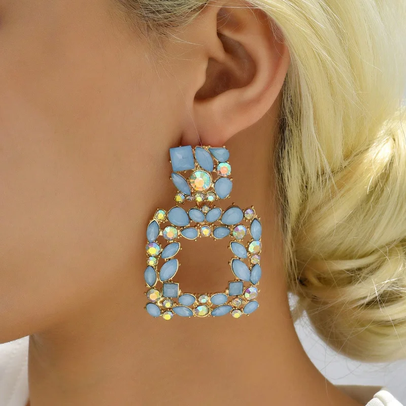 1 Pair of Sky Blue Square Hollow Stud Earrings, Earrings, Women's Long Earrings, Holiday Parties and Daily Wear, Precious Jewelry, Holiday Gifts, Valentine's Day Gifts