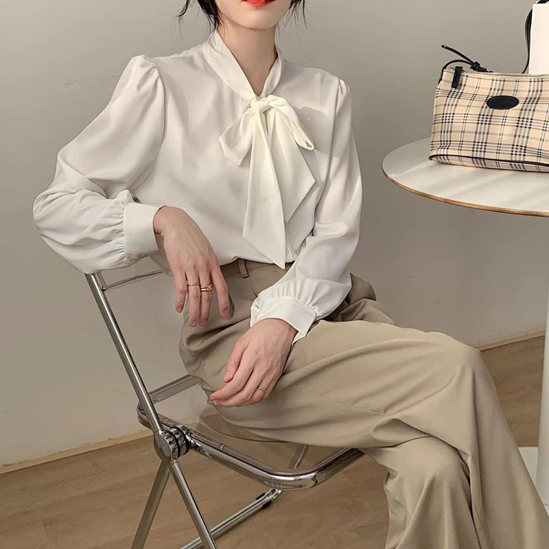 MEXZT Spring Solid Shirts Women Elegant Long Sleeve Bow Simple Chiffon Blouses Office Lady Korean Fashion Casual All Match Tops