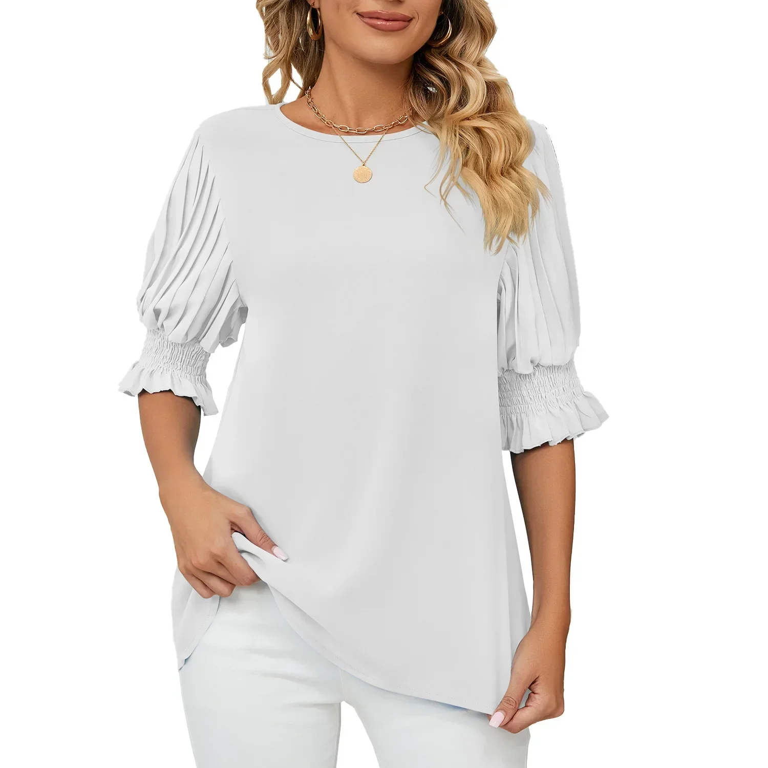 2023 New Women Blouses and Tops Fashion O Neck Half Sleeve Loose Elegant Office Work Lady Shirts Blouses  Womens Tops