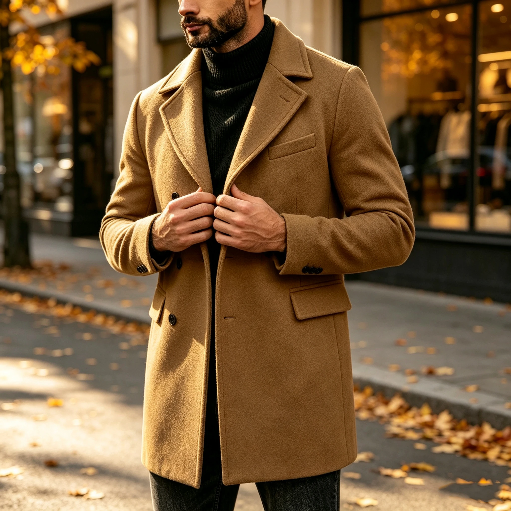 Men's Short Wool Blend Coat Lapel Overcoat Single‑Breasted Autumn Winter Warm Thick Business Casual Formal Outerwear Jacket