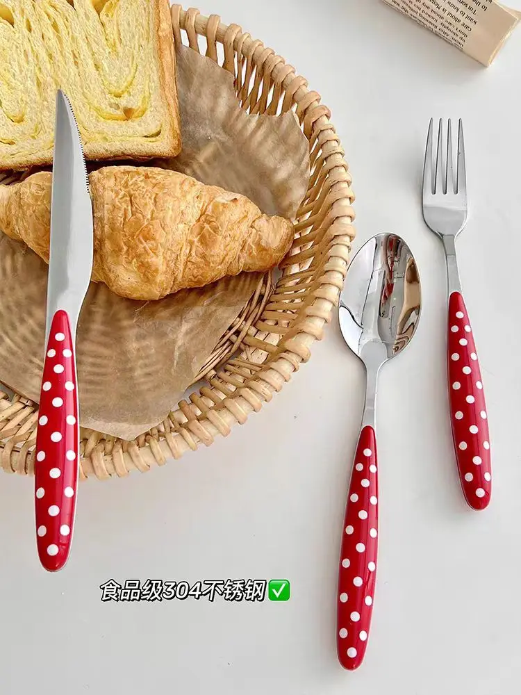 

Десертная ложка, набор посуды с пластиковой ручкой в красный горошек, посуда из нержавеющей стали, кофейная ложка, вилка для десерта, столовые приборы, посуда