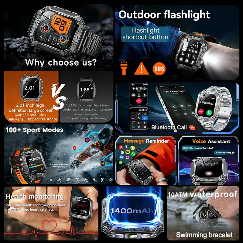 LIGE New Military outdoor 1400mAh Battery SmartWatch Men Waterproof Call 2.01